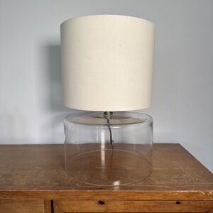 CB2 Clear Glass Dome Table Lamp Modern Minimalist w White Drum Shade